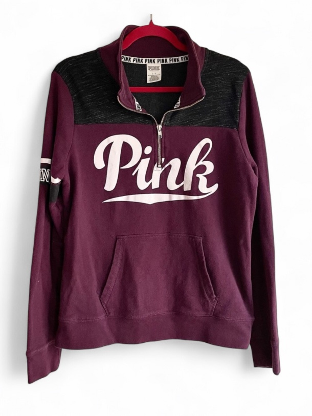 Victoria's Secret PINK 1/4 Zip Burgundy Sweatshirt with Pocket Size L